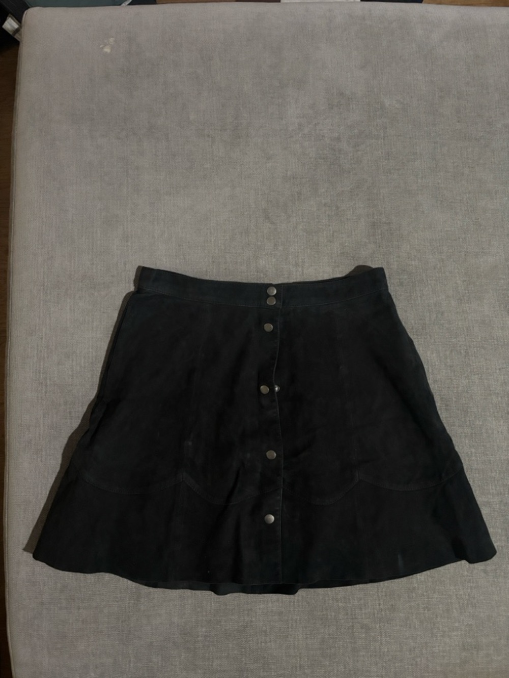 Joie Black Suede Button-Front Mini Skirt with scallop detail